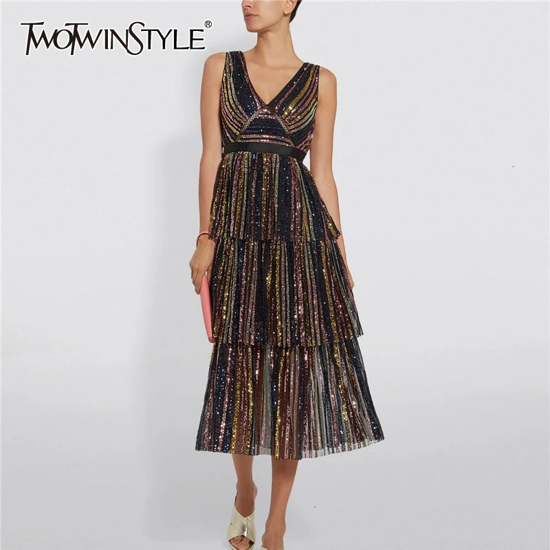 TWOTWINSTYLE Patchwork Sequined Striped Party Dresses For Female V Neck Sleeveless High Waist Cascading Ruffle Women's Dress New TWOTWINSTYLE Patchwork Sequined Striped Party Dresses For Female V Neck Sleeveless High Waist Cascading Ruffle Women's Dress New