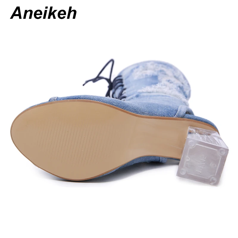 Aneikeh/ г. Новые модные джинсовые ботинки «Челси» с перекрестной шнуровкой женские сапоги для верховой езды с открытым носком на молнии обувь на квадратном каблуке синий цвет, размер 34-40