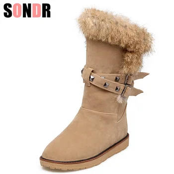 

Big size 34-43 Winter women boots Flat Rabbit hair Rivets Warm fur boots Snow boots Round Toe Plush Zapatos