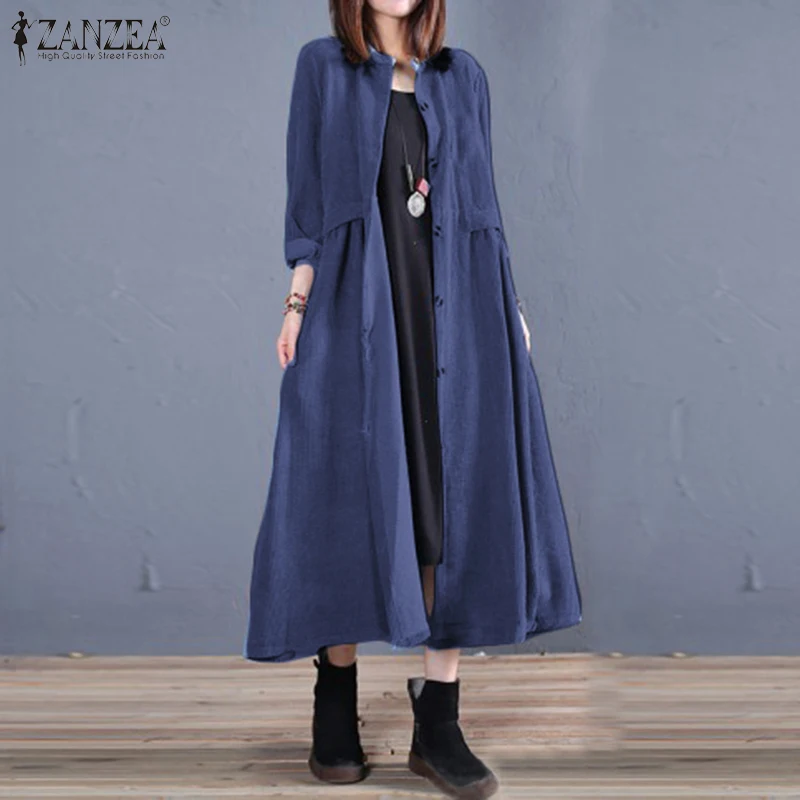 ZANZEA элегантная рубашка на пуговицах Vestidos Женская Длинная блузка осенний кардиган Повседневная джинсовая синяя верхняя одежда пальто размера плюс туника