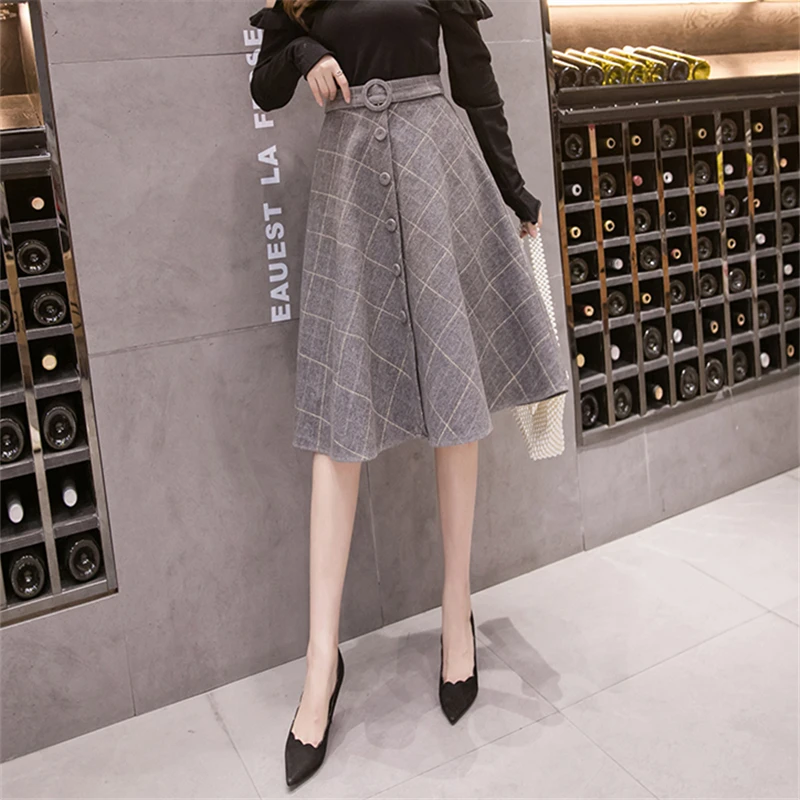 gray big plaid Neophil, зимние шерстяные клетчатые юбки для женщин, Бальное Платье До Колена, на пуговицах, с поясом, высокая талия, расклешенные юбки, английская Falda S9223 - Цвет: gray big plaid