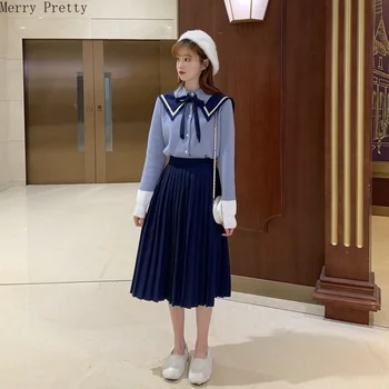 

2020 Women's Sets 2 Pieces Set Knitted Sweaters And Pleated Skirts Turn down Collar Bow Tie Sweater Knee Length A-line Skirt Set