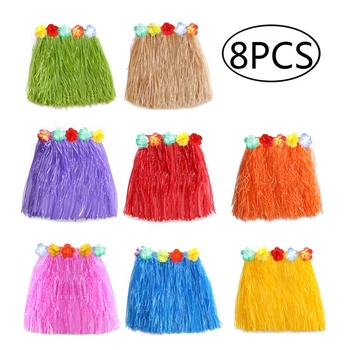 

8PCS Hawaiian Luau Hula Skirts - Grass Hibiscus Flowers Birthday Tropical Party Decorations Favors Supplies