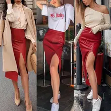 Винтажные женские юбки с разрезом, юбки с высокой талией, однотонная тонкая Офисная Женская юбка из искусственной кожи, Готическая Осенняя коллекция