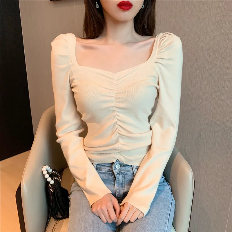 Women Slim Full Puff Sleeve Square Collar Sweater Shirts Lady Stretchy Sweaters Pullovers Crop Tops For Girls Autumn Spring