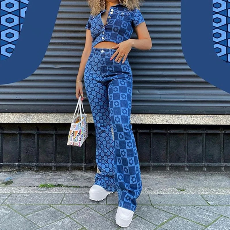 

Floral Print Checker Straight Blue Jeans Women Fashion 2020 High Waist Long Trousers Vintage Plaid Denim Pants Capri Streetwear