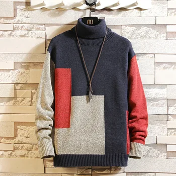 

2020 Spring New Sweater Japanese High Collar Stitching Pullover Trend Men's Slim Sweater Base Shirt Large Size 5XL