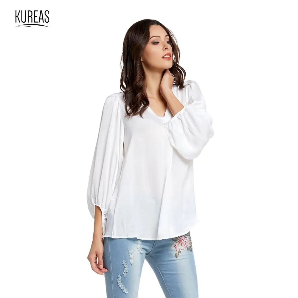 

Kureas Women Chiffon Shirt Sexy V Neck Casual Blouse Latern Sleeves Female Tops Autumn Winter Elegant Clothes