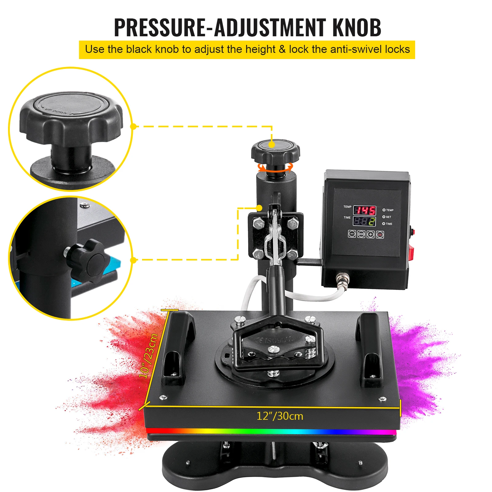 5 in 1 Heat Press Machine 12x15 inch Digital Tshirt Press Machine 360-Degree Swing Away - Black