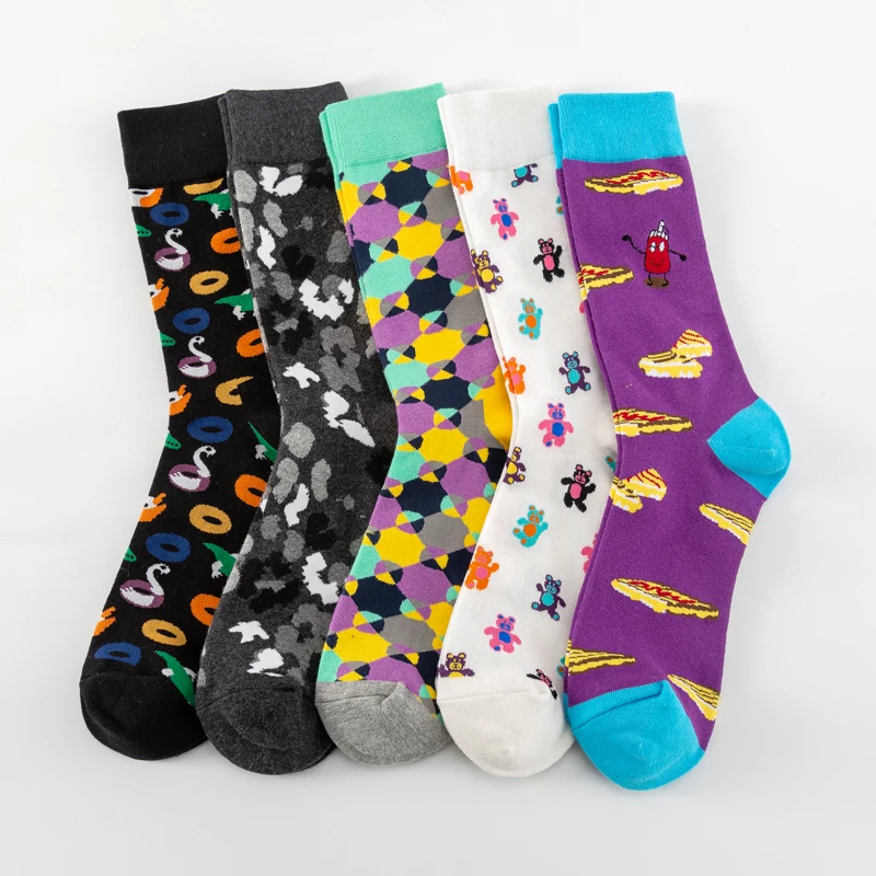 

Colorful Men's Combed Cotton Socks Harajuku Hip Hop Happy Funny Cool Cartoon Bear Pizza swim ring Pattern Novelty Crew Socks