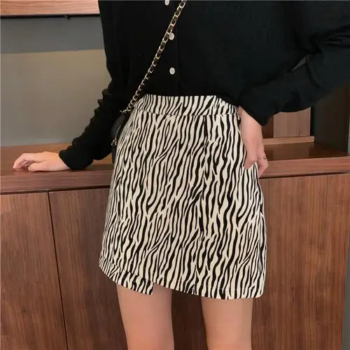 New Arrival Autumn Street Styl Women High Waist Slim Asymmetrical Skirt All-matched Casual Zebra Striped Mini Skirts S292 - Цвет: picture color