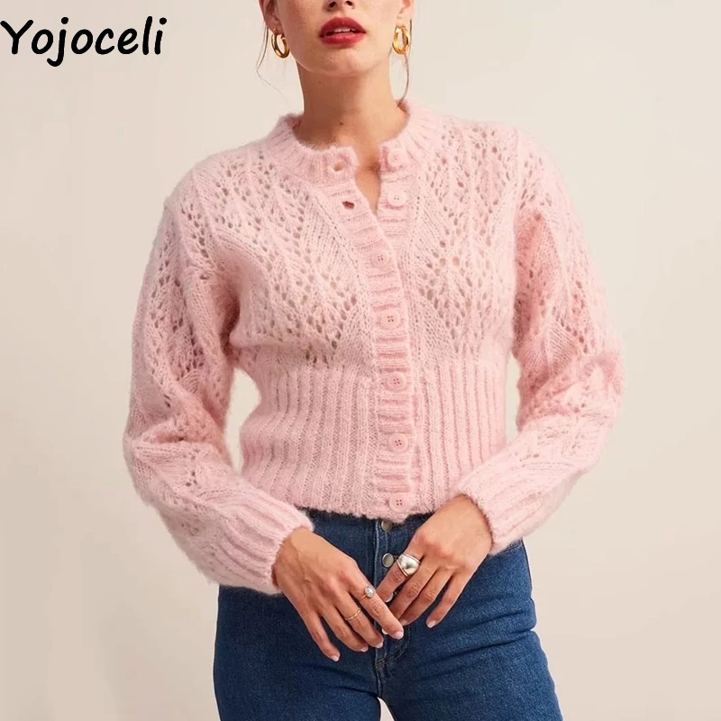 

Yojoceli Hollow out knitted casual sweater women Autumn cool elegant short knitting top female Fitness soft sweater cardigan
