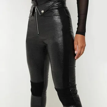 

2020 Black Faux Leather Crocodile print Pencil Pants Women Patchwork Croc Leather Trousers Ladies Skinny PU Leather Pants Slim