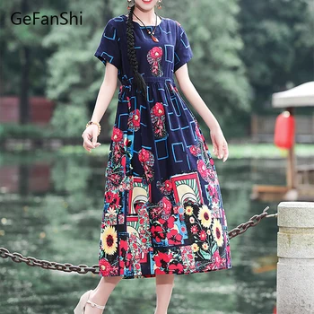 

2020 New Summer Women's Dress Plus Size Vintage Print Cotton Linen Short Sleeve Casual Loose Ladies Fashion Long Dresses