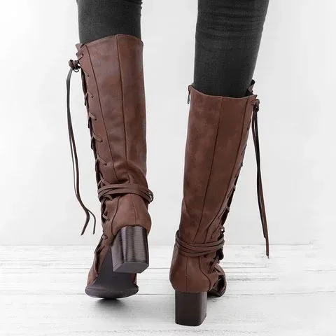 Женские ботинки до середины икры; chaussure boots; обувь из искусственной кожи на низком каблуке; гладиаторы на шнуровке; женская обувь размера плюс; zapatos mujer sapato; H808
