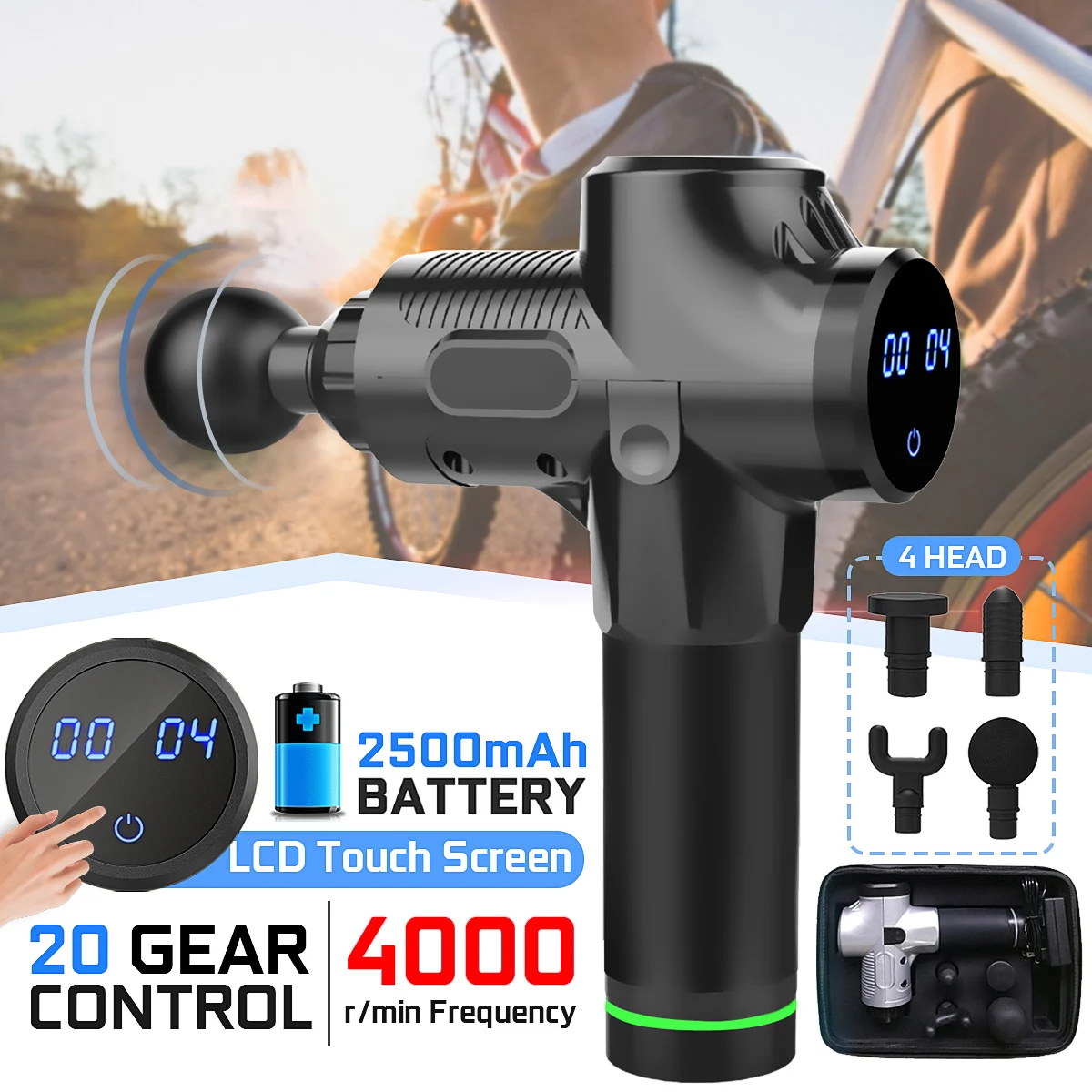 Cheap 4000r min Therapy Massage Guns 20Files LED Muscle Massager Pain Sport Massage Machine Relax Body Slimming Relief 4Heads With Bag