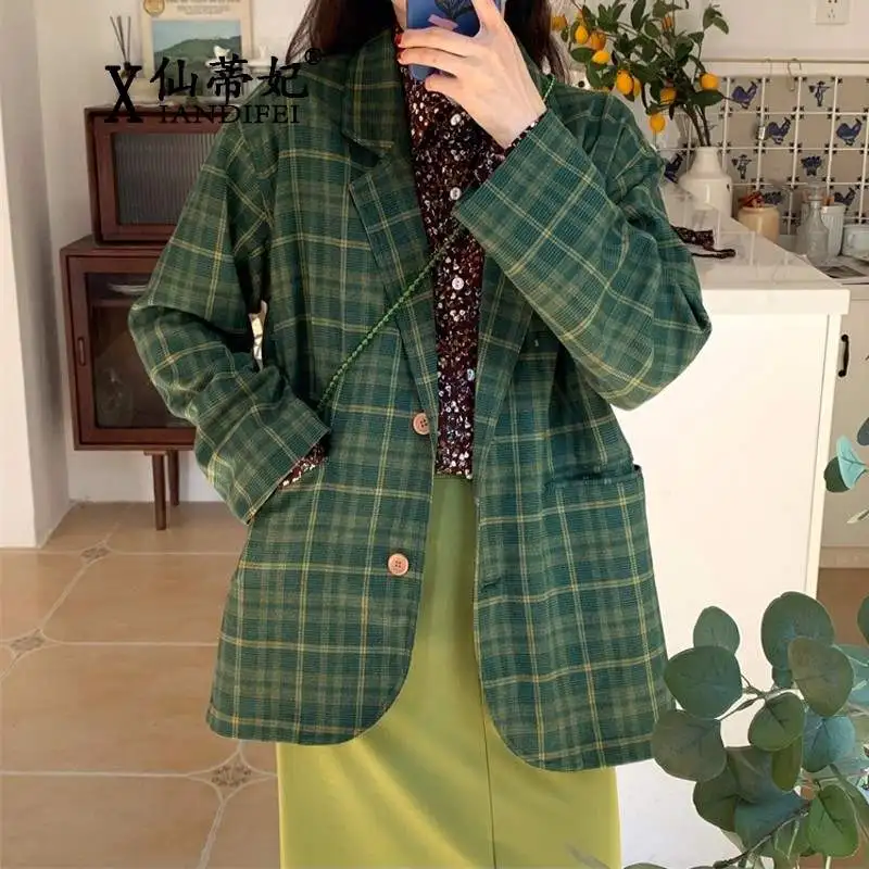 green Heydress Осенняя Новая женская зеленая клетчатая Блейзер офисная Дамская однобортная верхняя одежда женские свободные куртки с воротником - Цвет: green