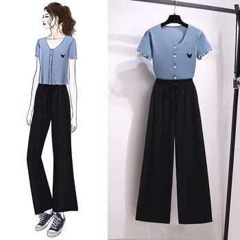 

Casual Suits Butterfly Embroidery V-Neck Knit Cardigan Crop Top Black Loose Pant Two Piece Women's Sets