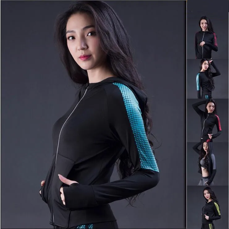 

Women's fitness outer wear long sleeves high elastic dry tight zipper hooded coat casual running sports jacket