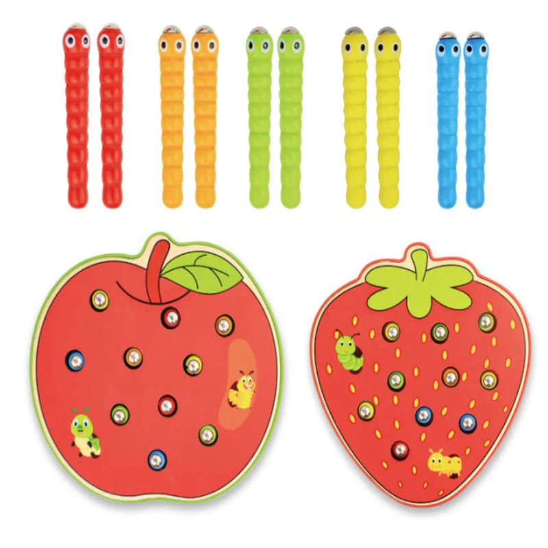 Magnet Strawberry Catch Worms Board Fishing Game for kids Magnetic Catching Caterpillar Montessori Educational Toys Baby Gift 4