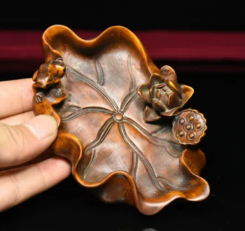 

wedding decoration Chinese Folk Boxwood Wood Carved Lucky Frog On Lotus Statue writing-brush washer Christmas