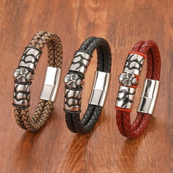 Fashion Men's Horror Skull Double Woven Genuine Leather Bracelet Stainless Steel Magnetic Clasp Jewelry Gift