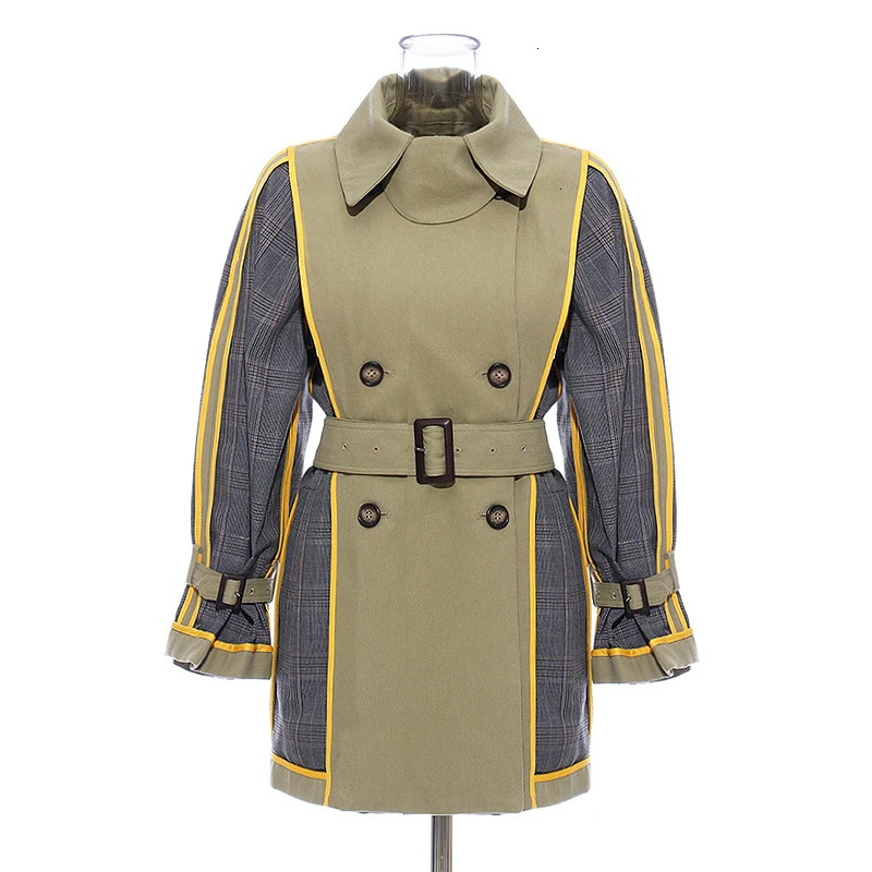 CHICEVER Patchwork Hit Color Women's Trench Coat Lapel Collar Long Sleeve High Waist With Sashes Female Windbreaker New