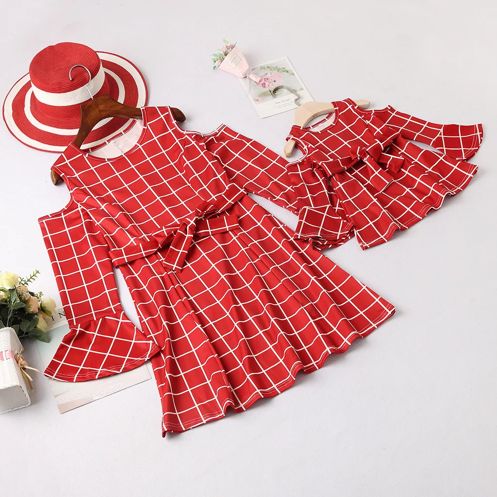 Autumn Family Dress Mother and Daughter Matching Red Plaid Dresses Family Matching Mom Kids Girls Ladies Outfits Clothes Dresses