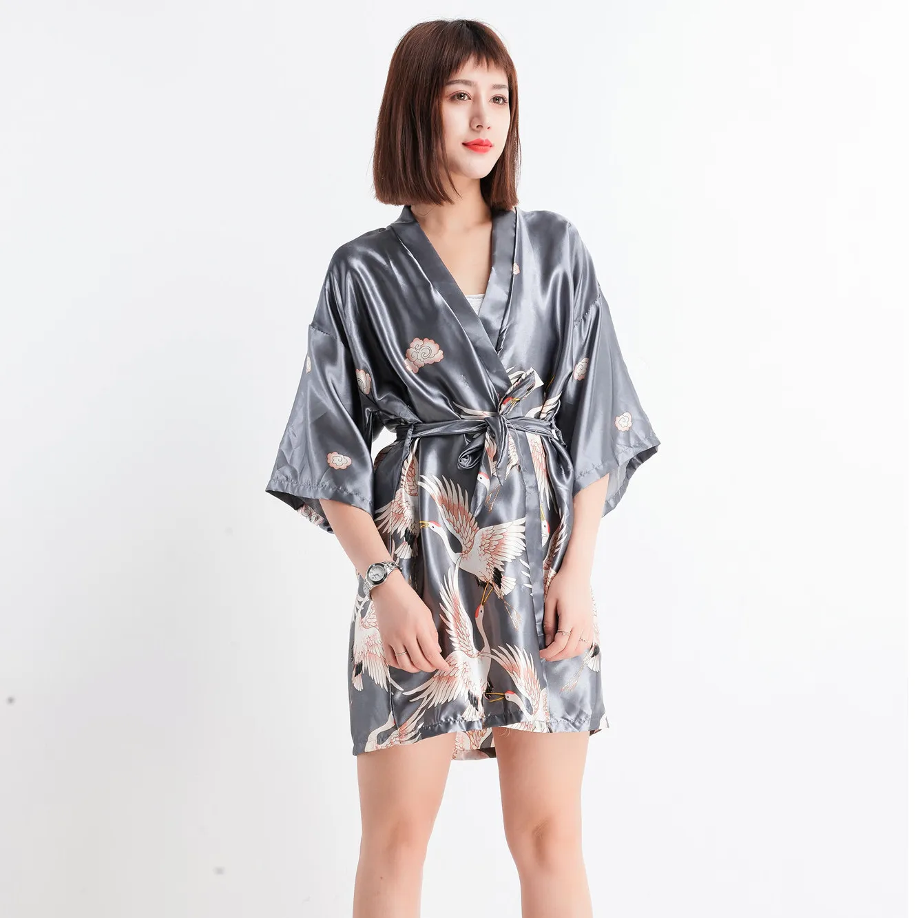 

Summer New Casual Gray Lady Bride Bridesmaid Wedding Robe Kimono Gown Novelty Print Pattern Sleepwear Nightgown Sexy Mini Pajama