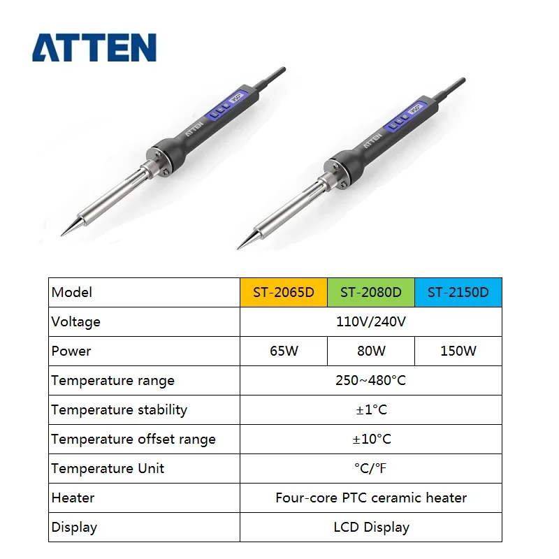 ATTEN Электрический паяльник с регулируемой температурой, портативная цифровая паяльная станция, ЖК-дисплей, автоматический режим сна, ESD ST-2080D