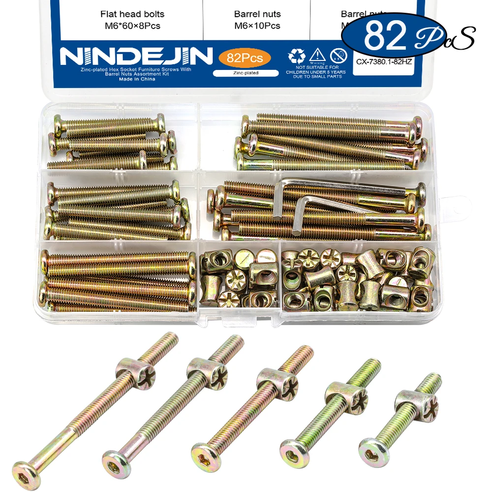 82pcs/set Hex Socket Flat Head Furniture Screws Barrel Nuts M6 Zinc