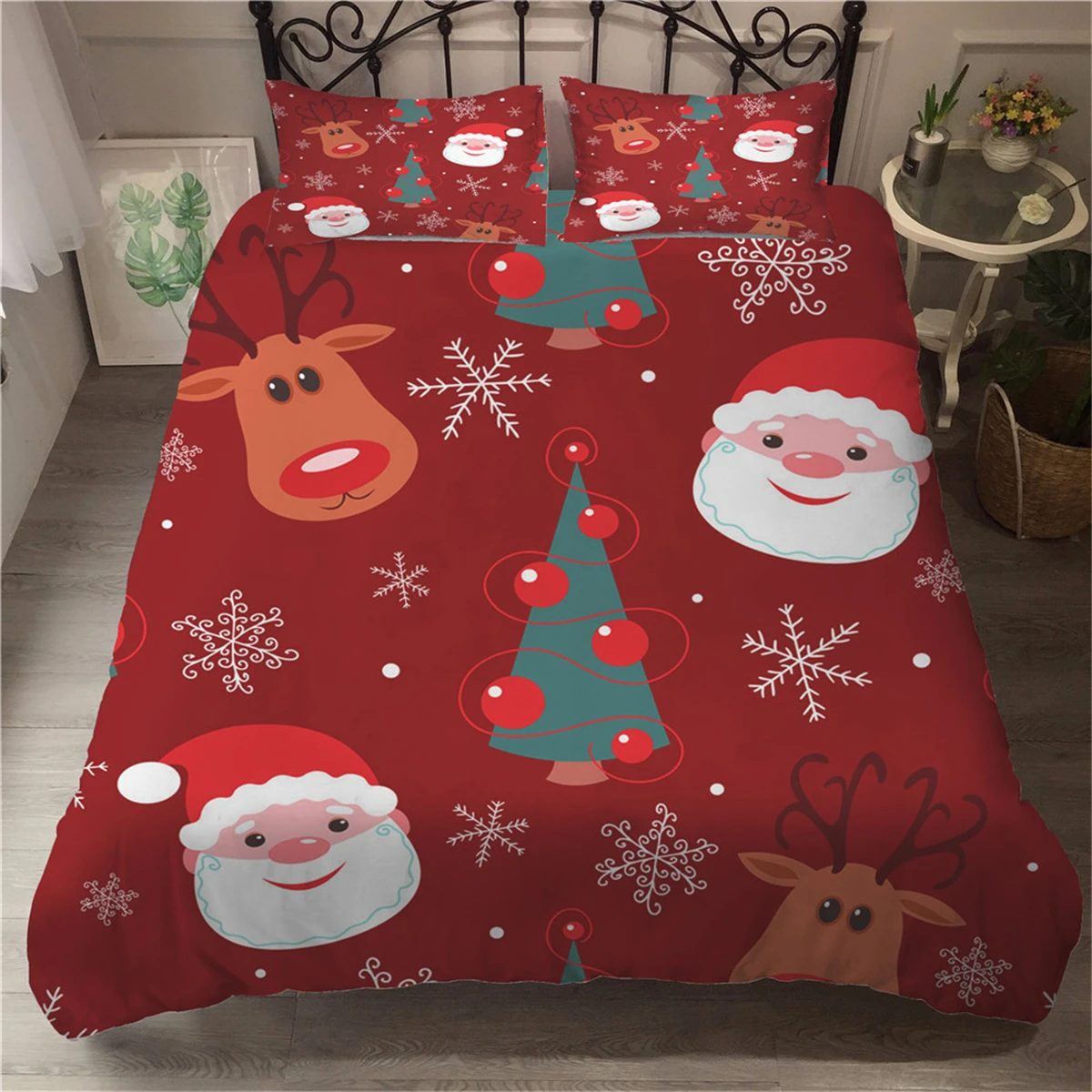

Cute Santa Elk Christmas Tree Bedding Soft Duvet Set Kids Adults Comforter Cover Single Double Red Bed Set New Year Bedspread