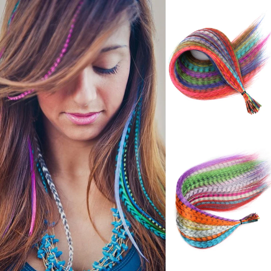 Strands bel kanekalon számára Toll haja kiterjesztések Hamisít Szintetikus Rainbow haja accessor számára Nők tresse Vendéghaj