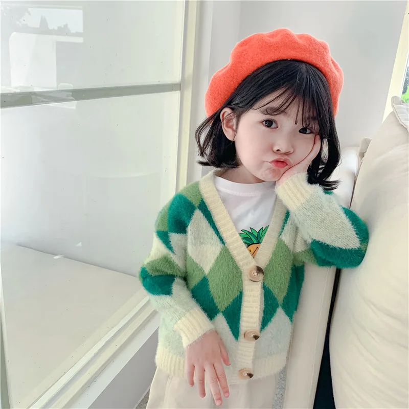 Autumn Winter Thicken Warm Baby Kids Cardigan Mink Cashmere Plaid Children Sweater Single Breasted Boys Girls Outwear 24M-8T - Цвет: Зеленый