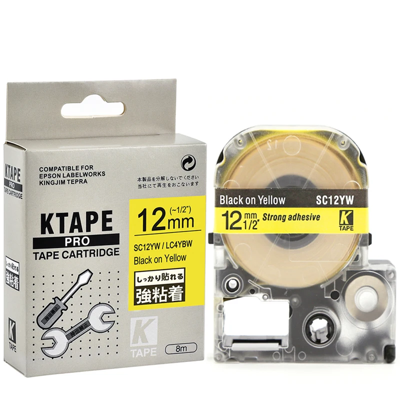 12mm Black on yellow SC12YW Compatible Epson KingJim Label Printers LC-4YBW Laminated Label Tapes Ribbon LC4YBW for LW-300 400