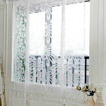 

2PCS Window Curtain Balloon Kitchen Door Voile Sheer Jacquard Flower Tie-up Roman Curtain Window Drape Valance for Home
