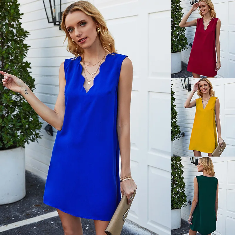 2020 Summer New Ruffled Sling Blue Skirt Sexy Sleeveless V-neck |