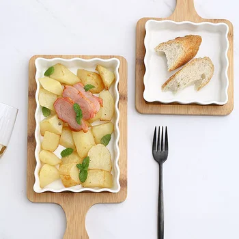 

Home Baking Tools Ceramic Baking Tray With Bamboo Mat Baking Set Detachable Anti-scalding Baking Tableware