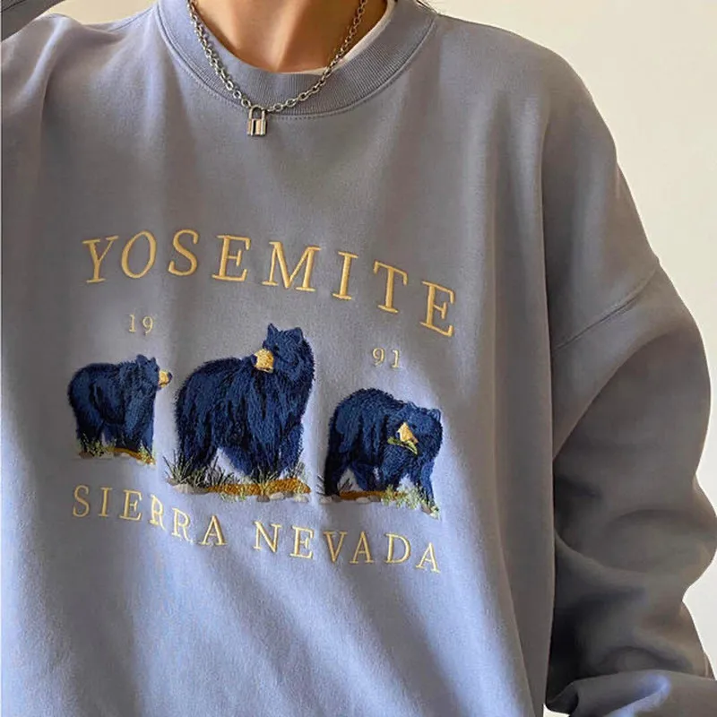 Vintage Bear Embroid Oversized Sweatshirts Women Designer Crewneck Loose Pullovers Plus Size 2020Autumn Fashion Teens Girls Tops | Женская