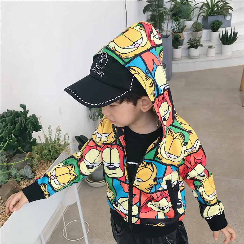 

2019 Autumn New Style Garfield Full Printed Cartoon Scene Pattern Hooded Coat Children Zipper CHILDREN'S Jacket