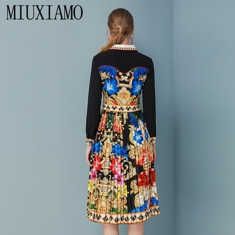 MIUXIMAO, высокое качество, осень и весна, платье с цветочным принтом, бриллиантами, складками, офисное, женское, элегантное, Повседневное платье
