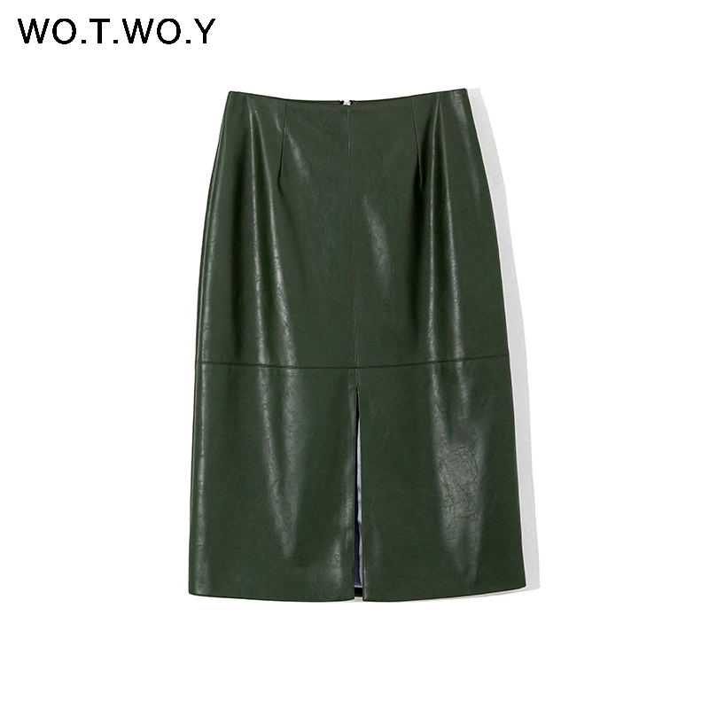 WOTWOY Осенняя Офисная Женская юбка из искусственной кожи формальная юбка-карандаш средней длины с высокой талией длиной до колена Женская юбка с разрезом сзади s - Цвет: D19201Green