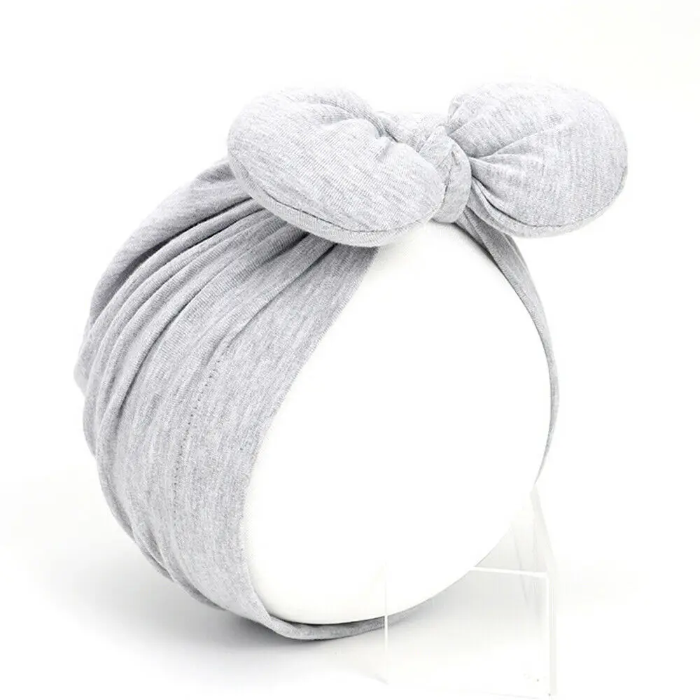 Newborn Toddler Baby Girls Turban Soft Silk Beanie Big Bow Hat Cap Wrap Headwear Headband Hats Accessories Candy Color Cute - Color: Gray