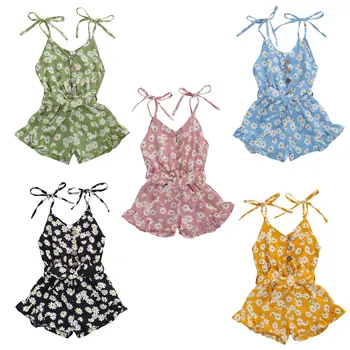 

Summer Toddler Baby Girls Sweet Suspender Rompers Flowers Print Sleeveless V Neck Belt Chiffon Jumpsuits