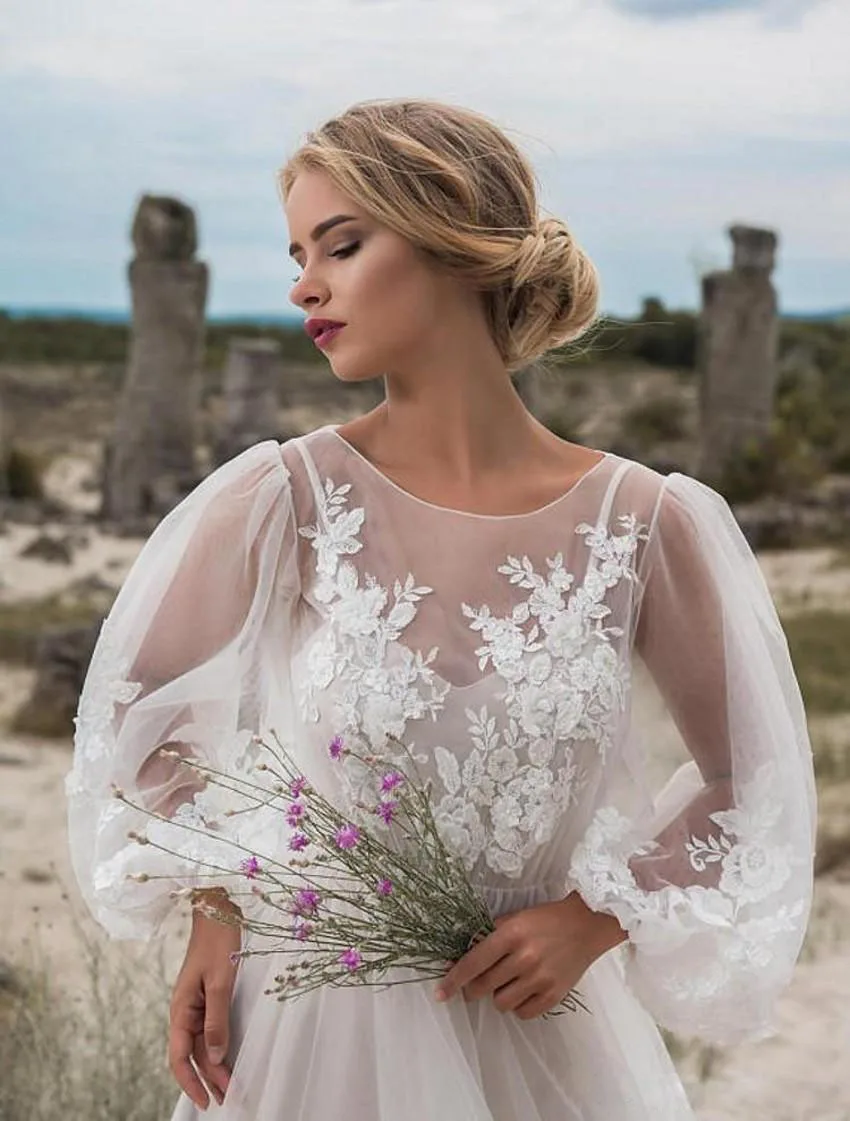 Однотонное кружевное летнее платье Boho с длинным рукавом и пышными рукавами