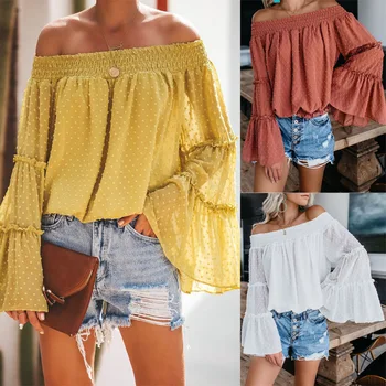 

Fashionable one line collar flared sleeve T-shirt Long Sleeve Chiffon Top