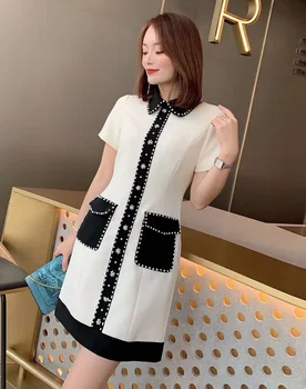 

High Quality Designer Dress 2020 Spring Summer Women Turn-down Collar Hand Made Beading Short Sleeve Slim Fit Party Tunic Dress