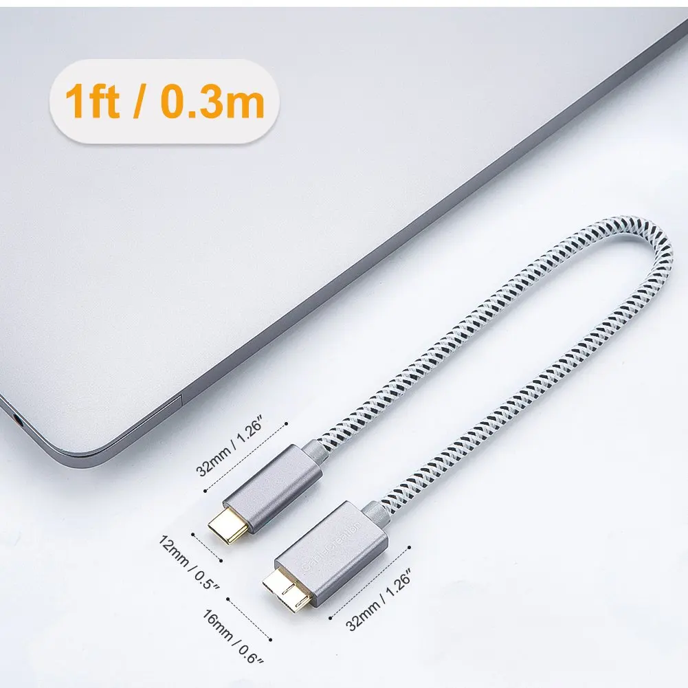 USB C к Micro B 3,0 кабель(Gen2/10 Гбит/с), 1ft USB 3,1 внешний жесткий диск кабель, совместимый с MacBook(Pro