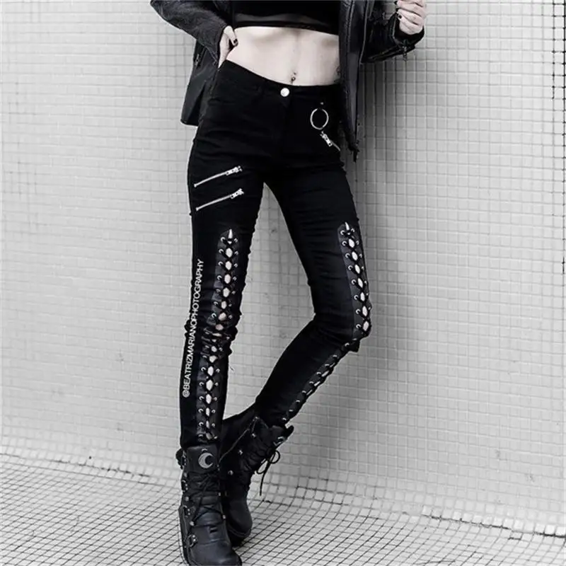 Сексуальные брюки на шнуровке в готическом стиле на осень и весну с высокой эластичной талией, черные узкие брюки-карандаш на молнии, модные женские брюки LT412S30