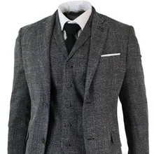 Мужской классический костюм из 3 предметов, серый, черный, в елочку, твид, Ретро стиль, деловой костюм, костюм для выпускного(пиджак+ брюки+ жилет